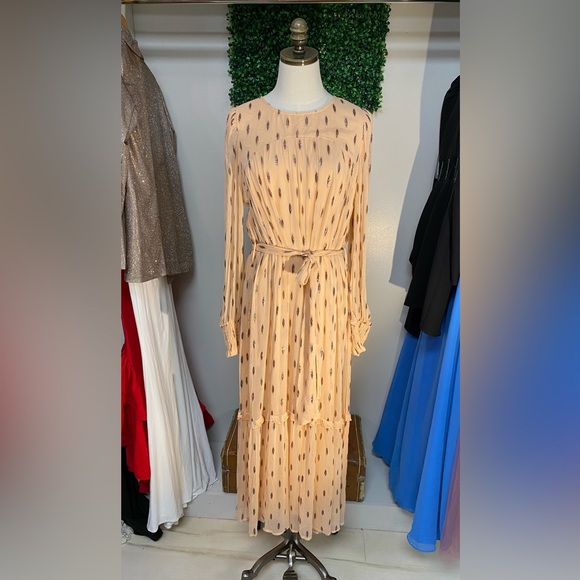 NWOT CIEBON Eryn blush Metallic Print Tie Waist Long Sleeve Maxi Dress SIZE L - Picture 1 of 5